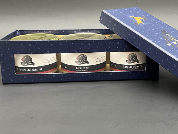 Coffret Reine de Noël-Pâté de canard au foie gras 180g-Rillettes de canard 180g-Grattons de canard 180g-Famille Gomer-Producteur de foie gras-Gers-32