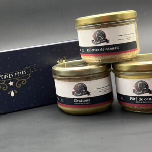 Coffret Reine de Noël-Pâté de canard au foie gras 180g-Rillettes de canard 180g-Grattons de canard 180g-Famille Gomer-Producteur de foie gras-Saint Médard-Gers-32