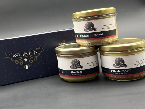 Coffret Reine de Noël-Pâté de canard au foie gras 180g-Rillettes de canard 180g-Grattons de canard 180g-Famille Gomer-Producteur de foie gras-Saint Médard-Gers-32